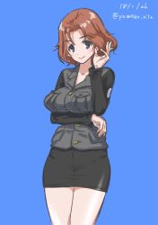 Rule 34 | 10s, 1girl, azumi (girls und panzer), black jacket, black skirt, breast hold, breasts, brown hair, closed mouth, commentary, cowboy shot, dated, emblem, girls und panzer, hand in own hair, highres, jacket, long sleeves, looking at viewer, military, military uniform, miniskirt, no shirt, one-hour drawing challenge, pantylines, pencil skirt, selection university (emblem), selection university military uniform, short hair, simple background, sketch, skirt, smile, solo, standing, twitter username, uniform, yamano rita