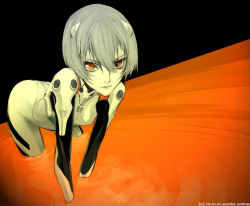 Rule 34 | 1girl, all fours, ayanami rei, blue hair, bodysuit, breasts, dutch angle, foreshortening, hair between eyes, interface headset, lcl, looking at viewer, miwa shirow, neon genesis evangelion, pale skin, partially submerged, pilot suit, plugsuit, red eyes, short hair, silver hair, small breasts, solo, turtleneck, wading, watermark