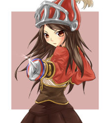 Rule 34 | 1girl, blush, brown eyes, brown hair, brown skirt, buresu, cowboy shot, cropped jacket, dagger, final fantasy, final fantasy tactics, foreshortening, from side, glint, helmet, holding, holding weapon, jacket, knife, long hair, looking at viewer, looking to the side, onion knight, onion knight (fft), open clothes, open jacket, open mouth, red eyes, red jacket, skirt, solo, standing, swept bangs, tsurime, two-tone background, weapon