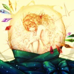 Rule 34 | 1girl, blonde hair, bow, bubble, crystal, closed eyes, female focus, flandre scarlet, hair ribbon, long hair, messy hair, nude, ponytail, ribbon, solo, submerged, touhou, water, yoss 3