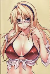 Rule 34 | 1girl, absurdres, bare shoulders, bikini, bikini top only, blonde hair, blue eyes, blush, breasts, cleavage, covered erect nipples, female focus, fingernails, freezing (series), front-tie top, glasses, hairband, highres, kim kwang hyun, large breasts, long hair, looking at viewer, navel, off shoulder, open mouth, parted lips, red bikini, satellizer el bridget, scan, sexually suggestive, shiny skin, shirt, simple background, solo, standing, swimsuit, tied shirt, underwear, upper body, wet