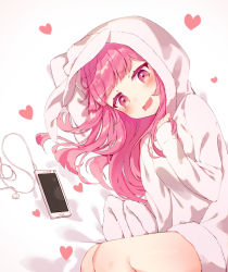 Rule 34 | 1girl, animal hood, bare legs, blunt bangs, blush, commentary, digital media player, drooling, heart, heart-shaped pupils, hood, hood up, hoodie, ipod, long hair, long sleeves, lying, momingie, mouth drool, on bed, on side, open mouth, original, pink eyes, pink hair, rabbit hood, smile, solo, symbol-shaped pupils, white hoodie