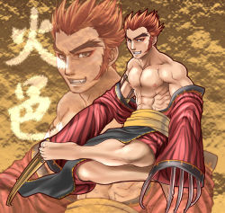 Rule 34 | 1boy, abs, bare shoulders, barefoot, brown eyes, character request, claw (weapon), claws, eyebrows, feet, forked eyebrows, hands in opposite sleeves, japanese clothes, kimono, long sleeves, male focus, nipples, no shoes, off shoulder, red hair, short hair, solo, thick eyebrows, tokisige, tokyo majin gakuen kenpuuchou