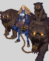 Rule 34 | 1girl, bare shoulders, bear, blonde hair, breasts, chain, detached sleeves, drill, glowing, glowing eyes, goldilocks, goldilocks and the three bears, grey background, highres, ian su, long hair, medium breasts, oversized gloves, parted lips, scar, scar across eye, scar on face, simple background, smile, standing