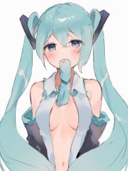 Rule 34 | 1girl, ahoge, aqua eyes, aqua hair, aqua necktie, bad id, bad pixiv id, bare shoulders, blue eyes, blush, breasts, collared shirt, detached sleeves, grey shirt, hair between eyes, hair ornament, hatsune miku, long hair, looking at viewer, mouth hold, navel, necktie, necktie in mouth, open clothes, open shirt, otintin, shirt, simple background, solo, twintails, vocaloid, white background
