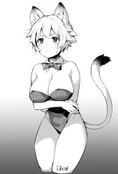 Rule 34 | 1girl, animal ears, arms under breasts, blush, bow, bowtie, breasts, bright pupils, closed mouth, collarbone, cropped legs, crossed arms, detached collar, detached sleeves, double-parted bangs, gradient background, greyscale, hair between eyes, hibi tsuna, highleg, highleg leotard, highres, large breasts, leotard, monochrome, original, short eyebrows, short hair, solo, sweatdrop, thighs, twintails