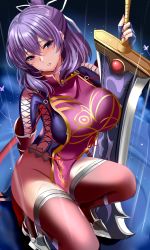 Rule 34 | 1girl, absurdres, ao no kiseki, arm behind back, arm support, armored boots, blush, boots, breasts, brown thighhighs, china dress, chinese clothes, commentary, cross-laced clothes, dress, eiyuu densetsu, eyelashes, fingerless gloves, full body, gloves, gold trim, greatsword, hair between eyes, hair ribbon, hajimari no kiseki, hand on hilt, highres, holding, holding sword, holding weapon, kuro (tbm9187), large breasts, lips, looking at viewer, medium hair, no panties, o-ring, parted lips, pelvic curtain, purple dress, purple eyes, purple hair, rain, ribbon, rixia mao, solo, squatting, sword, thighhighs, thighs, weapon, wet, wet hair, white ribbon