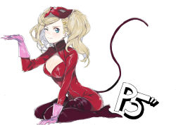 Rule 34 | 10s, 1girl, blonde hair, blue eyes, breasts, cleavage, cleavage cutout, clothing cutout, gloves, high heels, kneeling, mask, nesume, one eye closed, persona, persona 5, solo, takamaki anne, twintails