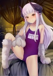 Rule 34 | 1girl, arm support, baphomet (monster girl encyclopedia), bed, blush, borrowed character, brown eyes, canopy bed, commission, female focus, highres, hooves, horns, liselotte (alazif), long hair, monster girl, monster girl encyclopedia, name tag, on bed, one-piece swimsuit, original, purple one-piece swimsuit, sidelocks, smile, sody, solo, swimsuit, tail, white hair