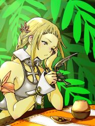 Rule 34 | 1girl, arm ribbon, bare shoulders, blonde hair, blunt bangs, blush, braid, brown eyes, closed mouth, collarbone, commentary request, ear blush, elbow rest, final fantasy, final fantasy xii, forehead, hair ornament, hand on own face, head rest, holding, leaf, leaf background, long hair, low twintails, mochi (hanamaruudondesu), penelo, red ribbon, ribbon, sidelocks, sitting, solo, table, twin braids, twintails, upper body