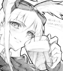 Rule 34 | 00s, 1girl, alcohol, animal ears, bad id, bad pixiv id, beer, blush, bow, cup, goggles, greyscale, hair bow, hanna-justina marseille, head wings, kisetsu, monochrome, mug, sketch, solo, strike witches, traditional media, translated, uniform, wings, world witches series