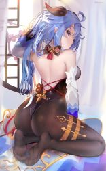 Rule 34 | 1girl, bare back, bare shoulders, bell, black bodysuit, black gloves, blue hair, bodystocking, bodysuit, brown bodysuit, brown leotard, cowbell, detached sleeves, feet, fuenyuan, ganyu (genshin impact), genshin impact, gloves, goat horns, highres, horns, leotard, leotard under clothes, looking at viewer, looking back, low ponytail, no shoes, purple eyes, soles, toes