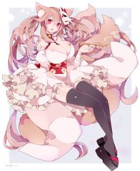 Rule 34 | 1girl, :p, animal ears, artist name, bad id, bad pixiv id, bandaged arm, bandages, bandaid, bandaid on breast, bandaid on shoulder, bell, black thighhighs, breasts, brown hair, choker, chon (chon33v), cleavage, dated, floral print, fox ears, fox mask, fox tail, frilled sleeves, frills, hair between eyes, highres, jingle bell, kiseru, kitsune, large breasts, looking at viewer, mask, mask on head, obi, original, red eyes, red ribbon, ribbon, ribbon choker, sandals, sash, sidelocks, smoke, smoking pipe, solo, tail, thighhighs, tongue, tongue out, twintails, zouri