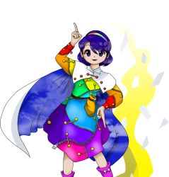 Rule 34 | belt, blue eyes, blue hair, buttons, cape, cloud, hairband, magic, multicolored clothes, official art, pointing, red button, sack, short hair, solo, spell card, tagme, tenkyuu chimata, touhou, transparent background, unconnected marketeers, white cape, zipper, zun (artist)