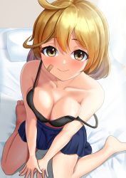 Rule 34 | 1girl, bandaid, bandaid on cheek, bandaid on face, bed sheet, between legs, black bra, blue skirt, bra, breasts, brown eyes, cleavage, closed mouth, collarbone, dorachan r, from above, hand between legs, highres, kantai collection, light blush, medium breasts, oboro (kancolle), orange hair, pillow, short hair, sitting, skirt, smile, solo, strap slip, toes, underwear, wariza