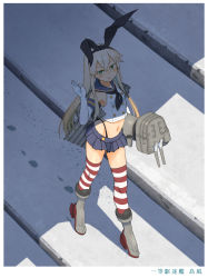 Rule 34 | 1girl, black neckerchief, black panties, blonde hair, blue sailor collar, blue skirt, commentary request, elbow gloves, footprints, gloves, green eyes, hair between eyes, hairband, highleg, highleg panties, highres, holding, kantai collection, kitsuneno denpachi, long hair, miniskirt, navel, neckerchief, open mouth, panties, rensouhou-chan, rudder footwear, sailor collar, shimakaze (kancolle), skirt, sleeveless, striped clothes, striped thighhighs, thighhighs, underwear, walking, white gloves