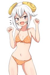 Rule 34 | 1girl, bikini, blush, breasts, facial mark, hair between eyes, hair ornament, hands up, highres, horns, inazuma eleven (game), inazuma eleven (series), inazuma eleven go, multicolored clothes, navel, open mouth, orange bikini, purple eyes, sharp teeth, shiny skin, short hair, simple background, small breasts, solo, standing, star (symbol), star print, swimsuit, teeth, whisker markings, white background, white hair, yellow eyes