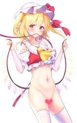 Rule 34 | 1girl, absurdres, adapted costume, ascot, blonde hair, bottomless, censored, flandre scarlet, groin, hat, heart, heart censor, highres, konnyaku (yuukachan 51), looking at viewer, mob cap, mouth hold, navel, red eyes, red ribbon, ribbon, short hair, simple background, solo, stomach, thighhighs, thighs, touhou, white background, white hat, white thighhighs, yellow ascot