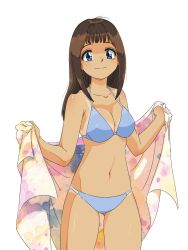 Rule 34 | 1girl, bikini, blue bikini, blue eyes, breasts, brown hair, commentary request, highres, holding, holding towel, long hair, looking at viewer, medium breasts, navel, original, samoto mitsukuni, simple background, smile, solo, swimsuit, tan, tanline, towel, white background