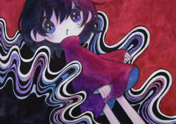 Rule 34 | 1girl, abstract background, black hair, blue eyes, drooling, feet out of frame, hair between eyes, long sleeves, looking at viewer, original, red shirt, shirt, short hair, solo, tears, zukky000