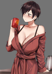Rule 34 | 1girl, arm support, bare shoulders, bathrobe, black bra, bra, breasts, brown eyes, brown hair, brown robe, cleavage, closed mouth, coffee mug, coffee pot, collarbone, commentary, cup, english commentary, eyes visible through hair, grey background, highres, holding mug, large breasts, long sleeves, looking away, manchester united, mug, norman maggot, off shoulder, olive laurentia, original, pixie cut, robe, short hair, simple background, sleepy, solo, standing, table, underwear, very short hair