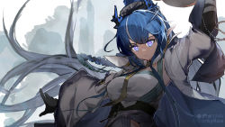 Rule 34 | 1girl, arknights, arm up, artist name, black gloves, blue cape, blue eyes, blue hair, braid, breasts, bright pupils, cape, closed mouth, dragon horns, elbow gloves, gloves, high ponytail, highres, horns, large breasts, ling (arknights), long hair, long sleeves, looking at viewer, necktie, rockyroo, side braid, solo, underbust, upper body, very long hair, wide sleeves, yellow necktie