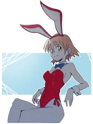 Rule 34 | 1girl, :3, animal ears, bare shoulders, bow, bowtie, breasts, cosplay, covered navel, crossed legs, daicon, daicon bunny girl, daicon bunny girl (cosplay), detached collar, earrings, fake animal ears, flcl, haruhara haruko, highres, invisible chair, jewelry, leotard, looking at viewer, medium breasts, pantyhose, pink hair, playboy bunny, psylduck, rabbit ears, red leotard, short hair, sitting, smile, solo, strapless, strapless leotard, wrist cuffs, yellow eyes
