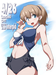 Rule 34 | 1girl, 547th sy, black one-piece swimsuit, blue one-piece swimsuit, character name, cowboy shot, hair between eyes, highres, intrepid (kancolle), kantai collection, multicolored clothes, multicolored swimsuit, one-piece swimsuit, solo, swimsuit, white one-piece swimsuit