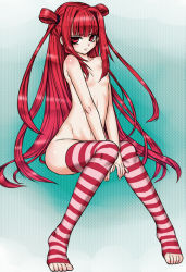 Rule 34 | 1girl, beatmania, beatmania iidx, blush, feet, female focus, flat chest, hair intakes, legs, long hair, looking at viewer, nipples, no shoes, nude, red eyes, red hair, sasaki shou, shiny skin, sitting, skindentation, solo, striped clothes, striped thighhighs, thighhighs, toeless legwear, toes, two side up, umegiri ameto, v arms