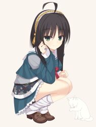 Rule 34 | 1girl, absurdres, ahoge, black hair, black shorts, blue jacket, blue skirt, boots, brown footwear, cat, closed mouth, commentary, eyes visible through hair, frilled skirt, frills, full body, green eyes, hair between eyes, hair ornament, hairband, highres, hitachi mako, jacket, kaon zz, looking at viewer, loose socks, miniskirt, parted lips, playing with own hair, pleated skirt, red ribbon, ribbon, sailor collar, school uniform, senren banka, short hair with long locks, shorts, simple background, skirt, sleeves past wrists, smile, socks, solo, squatting, tassel, tassel hair ornament, white background, white hairband, white sailor collar, white socks