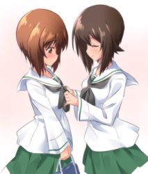 Rule 34 | 10s, 2girls, adjusting another&#039;s clothes, adjusting neckwear, bag, black neckerchief, blouse, blush, brown eyes, brown hair, closed eyes, closed mouth, commentary request, dressing another, from side, girls und panzer, green skirt, highres, holding, kuzuryuu kennosuke, long sleeves, looking at another, miniskirt, multiple girls, neckerchief, nishizumi maho, nishizumi miho, ooarai school uniform, pleated skirt, school bag, school uniform, serafuku, shirt, short hair, siblings, sisters, skirt, smile, standing, white shirt