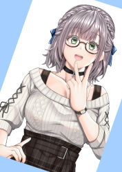 Rule 34 | 1girl, :d, absurdres, bad id, bad pixiv id, blue ribbon, blunt bangs, braid, breasts, brown-framed eyewear, commentary request, french braid, glasses, green eyes, hair ribbon, highres, hololive, large breasts, looking at viewer, medium hair, open mouth, ribbon, shirogane noel, shirogane noel (casual), slope (check238), smile, solo, sweater, virtual youtuber, w, watch, white sweater