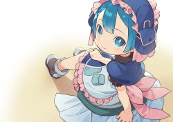 Rule 34 | 1boy, blue capelet, blue eyes, blue hair, blush, capelet, child, dress, frilled dress, frills, from behind, kin niku, looking at viewer, looking back, made in abyss, maid headdress, male focus, maruruk, shoes, short hair, sitting, solo, trap