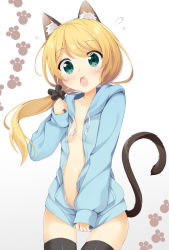Rule 34 | 1girl, animal ears, blonde hair, blush, breasts, cat ears, cleavage, covering privates, covering crotch, ellen baker, green eyes, hood, hoodie, jacket, long hair, maccha, naked hoodie, new horizon, open clothes, open jacket, open mouth, ponytail, scrunchie, small breasts, solo, tail, teacher, thighhighs
