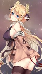 Rule 34 | 1girl, alternate costume, artist name, ass, azur lane, bag, bare shoulders, black sweater, black thighhighs, blonde hair, blue eyes, blue sky, blush, breasts, breath, brown coat, can, cloud, coat, coat dress, commentary, cross, cross necklace, hair ornament, hair ribbon, hairclip, highres, holding, holding bag, jewelry, kaetzchen, large breasts, laurel crown, long hair, looking at viewer, necklace, off shoulder, ribbed sweater, ribbon, scarf, sideboob, sidelocks, skindentation, sky, smile, solo, sweater, sweater vest, thighhighs, very long hair, victorious (azur lane), victorious (the goddess&#039; day off) (azur lane)