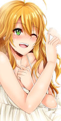 Rule 34 | 1girl, baby, bad id, bad pixiv id, bare arms, blonde hair, blush, collarbone, dress, grabbing, green eyes, happy tears, hoshii miki, idolmaster, idolmaster (classic), inu (marukome), long hair, one eye closed, open mouth, revision, simple background, sleeveless, sleeveless dress, smile, solo, solo focus, tears, white dress