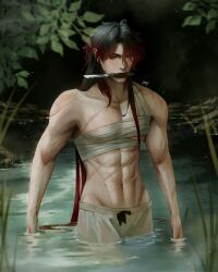 Rule 34 | 1boy, abs, absurdres, bandaged chest, bishounen, blade (honkai: star rail), chest sarashi, commentary, covered erect nipples, english commentary, hair between eyes, hair over one eye, highres, honkai: star rail, honkai (series), knife, knife in mouth, long hair, male focus, muscular, muscular male, night, outdoors, plant, pond, sarashi, scar, scar on arm, scar on chest, scar on shoulder, scar on stomach, solo, standing, standing on liquid, topless male, yeovvr