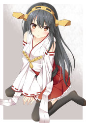 Rule 34 | 10s, 1girl, bad id, bad pixiv id, black hair, black thighhighs, brown eyes, detached sleeves, hairband, haruna (kancolle), headgear, kantai collection, long hair, looking at viewer, nontraditional miko, ro-ichi, sitting, solo, thighhighs, wariza