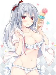 Rule 34 | 1girl, :q, argyle, argyle background, argyle clothes, bikini, blush, breasts, cleavage, closed mouth, cowboy shot, food, frilled bikini, frills, grey hair, hands up, highres, holding, holding food, ice cream, large breasts, long hair, looking at viewer, miko (royal milk), original, red eyes, side ponytail, sidelocks, smile, solo, star (symbol), starry background, swimsuit, tongue, tongue out, white bikini