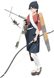 Rule 34 | 1girl, arrow (projectile), black hair, black hakama, bow (weapon), flight deck, full body, hakama, hakama skirt, houshou (kancolle), houshou kai ni (kancolle), japanese clothes, kantai collection, kimono, official art, pantyhose, pink kimono, ponytail, quiver, shibafu (glock23), skirt, tasuki, weapon