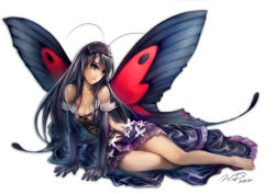 Rule 34 | 10s, 1girl, accel world, antenna hair, arm support, barefoot, black hair, breasts, brown eyes, butterfly wings, cleavage, dress, elbow gloves, gloves, insect wings, kuroyukihime, long hair, long legs, signature, sitting, solo, wings, wuduo, yokozuwari