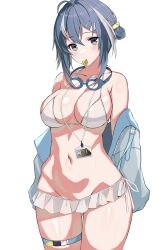 Rule 34 | 1girl, absurdres, ahoge, arknights, bare shoulders, bikini, bikini skirt, black hair, blue hair, breasts, cleavage, collarbone, cowboy shot, gluteal fold, goggles, goggles around neck, grey eyes, grey jacket, hair bun, hair ornament, hairclip, halterneck, highres, id card, jacket, la pluma (arknights), la pluma (summer flowers) (arknights), lanyard, large breasts, long hair, long sleeves, looking at viewer, mouth hold, multicolored hair, nakamura nagare, navel, off shoulder, official alternate costume, open clothes, open jacket, side-tie bikini bottom, sidelocks, simple background, solo, standing, stomach, streaked hair, string bikini, swimsuit, thigh strap, thighs, wet, whistle, white background, white bikini