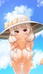 Rule 34 | 1girl, absurdres, bikini, blue sky, breasts, commission, day, elf, highres, large breasts, long hair, looking at viewer, navel, original, pointy ears, red eyes, sky, smile, solo, swimsuit, white bikini, white hair, wweed