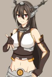 Rule 34 | 10s, 1girl, bad id, bad pixiv id, brown hair, fingerless gloves, gloves, grey background, highres, kantai collection, koenza botoke, long hair, midriff, nagato (kancolle), navel, personification, red eyes, smile, solo