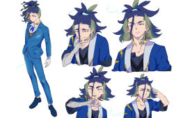 Rule 34 | 1boy, adaman (pokemon), blue coat, blue footwear, blue hair, blue jacket, blue pants, closed mouth, coat, collar, collarbone, collared shirt, commentary request, contemporary, creatures (company), earrings, eyebrow cut, frown, game freak, green hair, hand up, hand wraps, highres, jacket, jewelry, male focus, multicolored hair, multiple views, neck ribbon, nintendo, pants, pokemon, pokemon legends: arceus, ponytail, ribbon, shakemasu (chms7245), shirt, shoes, simple background, standing, sweat, vest, white background, white shirt