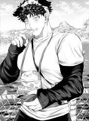 Rule 34 | 1boy, absurdres, animal ears, bara, blush, cloud, day, eating, fake animal ears, food, greyscale, highres, holding, holding food, hot dog, large pectorals, male focus, monochrome, muscular, muscular male, original, outdoors, pants, pectorals, shirt, short hair, sky, sny yrd67, solo, teeth