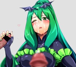 Rule 34 | 10s, 1girl, bad end march, bad end precure, bad id, bad pixiv id, black bodysuit, blurry, blush, bodysuit, cum, cum on clothes, dark persona, disembodied penis, facial, fingerless gloves, gloved handjob, gloves, green eyes, green hair, green nails, grey background, handjob, heart, long hair, nail polish, neziiro, one eye closed, penis, penis grab, precure, simple background, smile precure!, solo focus, tiara, wince