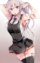 Rule 34 | 1girl, adjusting hair, apron, armpits, azur lane, bad id, bad twitter id, bare shoulders, black apron, black skirt, black thighhighs, breasts, collared shirt, commentary request, cowboy shot, enterprise (azur lane), hands up, highres, large breasts, long hair, looking at viewer, mikumo shinden, miniskirt, mouth hold, no headwear, no jacket, pleated skirt, purple eyes, shirt, silver hair, skirt, sleeveless, sleeveless shirt, solo, thighhighs, white shirt, zettai ryouiki