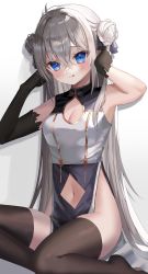 Rule 34 | 1girl, :3, :q, ahoge, armpits, bare shoulders, black dress, blue eyes, breasts, brown thighhighs, china dress, chinese clothes, cleavage, cleavage cutout, closed mouth, clothing cutout, double bun, dress, gold trim, grey hair, hair bun, hands up, highres, long hair, looking at viewer, navel, navel cutout, no panties, no shoes, original, pelvic curtain, sinobi illust, sleeveless, sleeveless dress, small breasts, smile, solo, stomach, thighhighs, thighs, tongue, tongue out, two-tone dress, very long hair