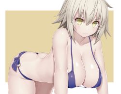 Rule 34 | 1girl, :d, all fours, asamura hiori, ass, bare arms, bare shoulders, bikini, blue bikini, breasts, butt crack, cleavage, closed mouth, collarbone, commentary request, cowboy shot, downpants, eyelashes, fate/grand order, fate (series), frown, grey hair, groin, hair between eyes, halterneck, hanging breasts, highres, jeanne d&#039;arc (fate), jeanne d&#039;arc alter (avenger) (fate), jeanne d&#039;arc alter (fate), large breasts, looking at viewer, o-ring, o-ring bottom, o-ring top, open mouth, shiny skin, short hair, side-tie bikini bottom, sidelocks, skindentation, smile, solo, strap gap, swimsuit, yellow eyes